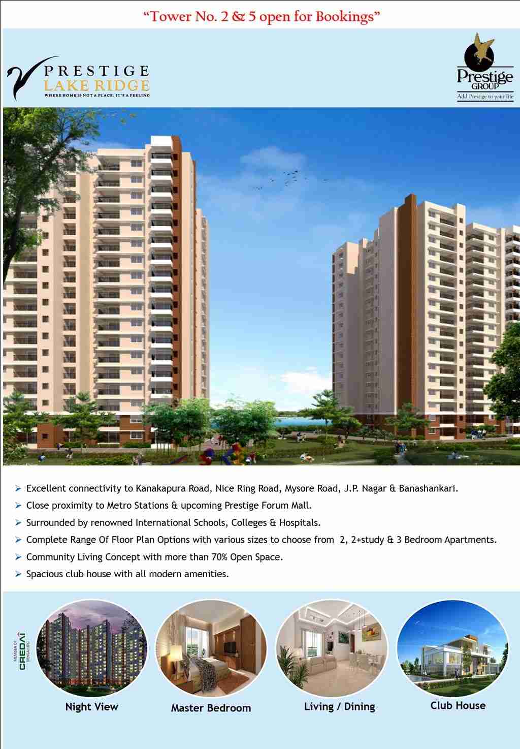 Tower No 2 and 5 open for booking at Prestige Lake Ridge in Bangalore Update